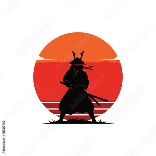 Powerful samurai warrior silhouette at sunset evokes strength and tradition, ideal for martial arts, historical fiction, and cultural projects that require impact