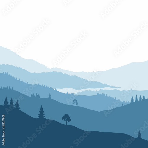 Dreamy blue mountain range landscape illustration perfect for nature lovers, promoting tranquility and adventure, ideal for inspiring travel destinations