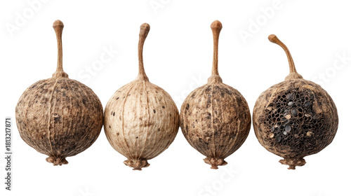 Natural Seed Pods Showing Different Stages of Aging and Decay in a Close-Up View with Textured Surface