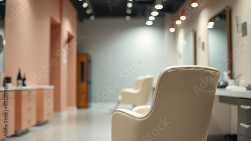 blowdry. Elegant salon chair with styling tools, portraying a chic and organized beauty space. lifestyle magazines, social media lookbooks, designed for influencer and brand collaborations.