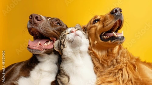 Two Happy Dogs and Affectionate Tabby Cat Posing Together on Vibrant Yellow Studio Background