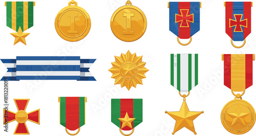 Military medals, honor decorations, award ribbons, service emblems, achievement badges, valor symbols, ornate design, ceremonial icons, medal collection, vector illustration