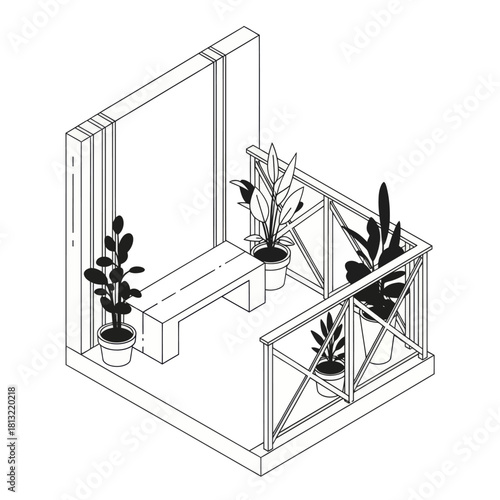 Minimalist isometric line drawing of a cozy balcony with potted plants.