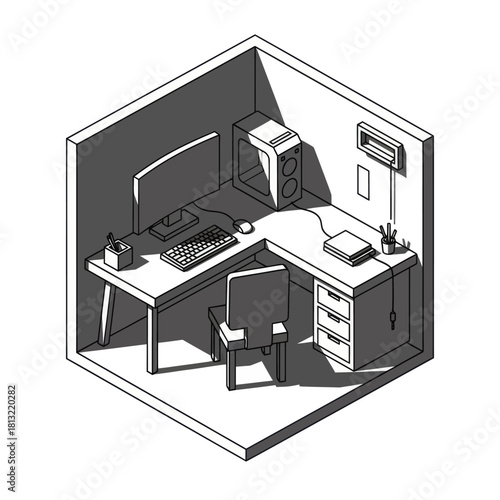 Isometric Workspace Illustration - Computer, Desk, and Chair in a Modern Room.
