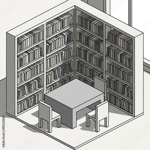 Isometric illustration of a library corner with bookshelves and a table.