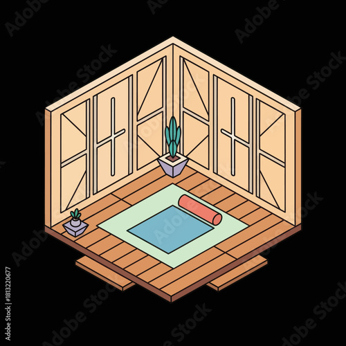 Isometric yoga room with plants and yoga mat.