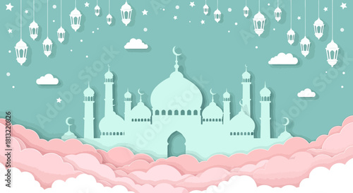 Teal Colored Mosque Paper Cut Illustration with Clouds and Lanterns