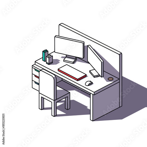 Isometric Office Cubicle with Dual Monitors and Chair.