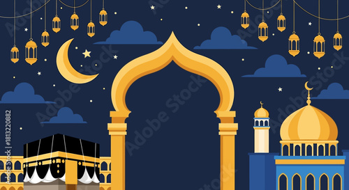 Luxurious Blue and Gold Frame Design for Islamic Holidays