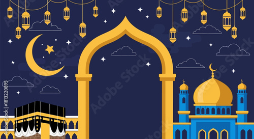 Golden Islamic Arch Gate Entrance with Night Sky Background