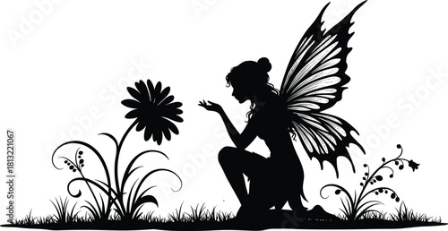 Fairy kneeling by flower—silhouette with ornate wings and plants for fantasy, nature, and storytelling visuals