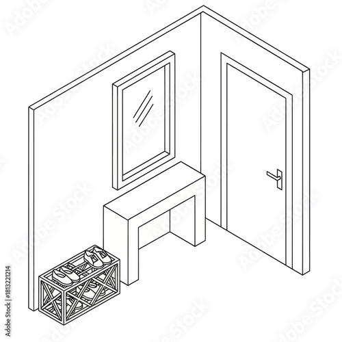 Isometric line art illustration of a modern home entryway.