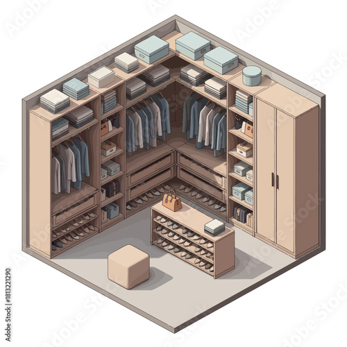 Isometric Walk-in Closet Design with Organized Storage.