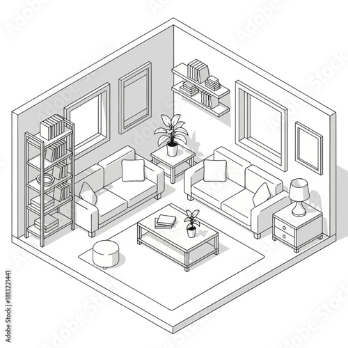 Cozy Living Room Isometric View with Furniture and Decor.