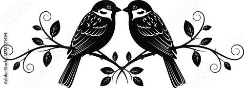 Black and White Detailed Silhouette of Two Small Birds Facing Each Other Perched on a Decorative Vine Branch with Leaves Isolated Vintage Design