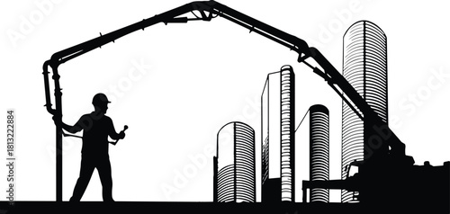 Vector silhouette of builder pouring concrete with pump truck arm, industrial worker in helmet against city skyline, urban construction site concept illustration.