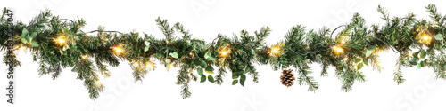 A Christmas garland with greenery, pine cones, and white lights.