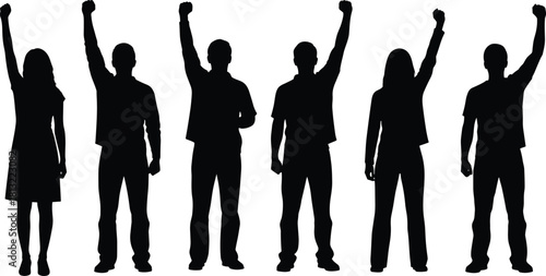 People Raising Fists Silhouette Vector Set, Protest Demonstration Crowd Pictogram, Activism and Revolution Symbol, Black Icons Collection, Power