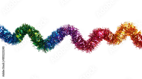 A rainbow-colored tinsel garland with a white background.