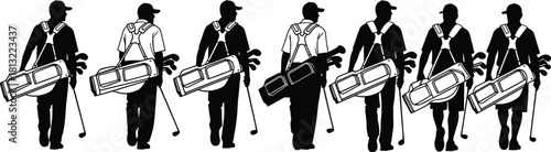 Golfers with Clubs and Bags Silhouette Vector Set, Man Carrying Golf Equipment Collection, Sports Activity Player Black Icon, Walking Design