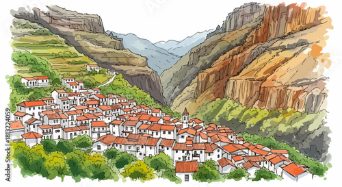 Charming watercolor illustration of a quaint European village tucked into a dramatic mountain canyon, featuring terraced slopes and traditional architecture