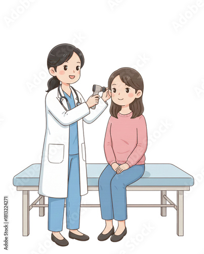 Cute illustration of a doctor examining a patient’s ear with an otoscope, friendly medical check-up scene, indoor clinic setting, calm and caring atmosphere.