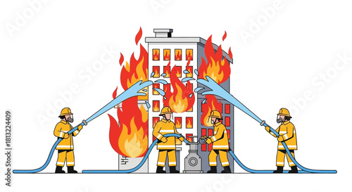 Firefighters Extinguishing a Blazing Building with Water Hoses.