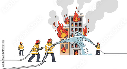 Firefighters bravely battling a raging building fire with hoses.