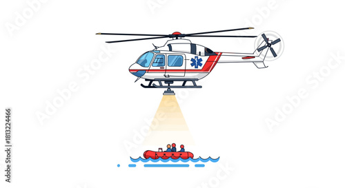 Helicopter shining light on rescue boat in the water during emergency.