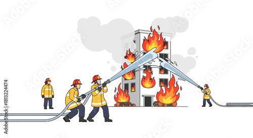 Firefighters battling a raging building fire with hoses.