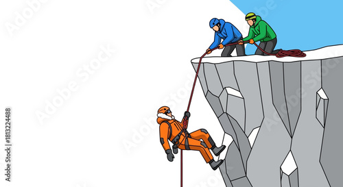 Mountaineer rappelling down a cliff face with assistance from above.