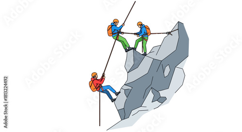 Three climbers ascending and rappelling a steep mountain face.
