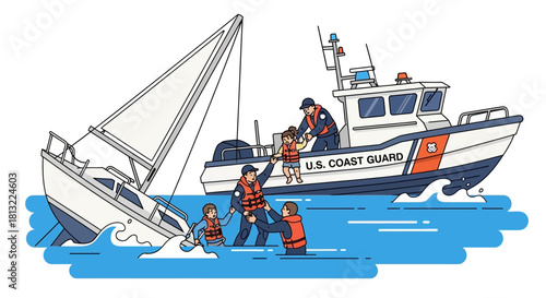 US Coast Guard performing a maritime rescue of people from a sinking sailboat.