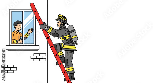 Firefighter Rescues Person from Burning Building with Ladder.