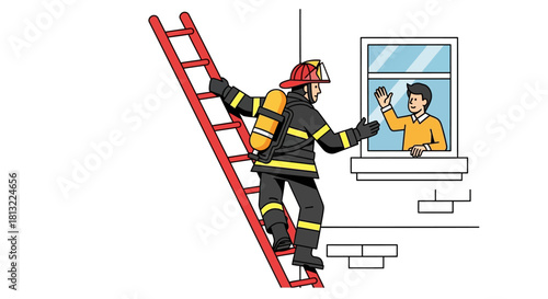 Firefighter Rescues Person From Burning Building Using Ladder.