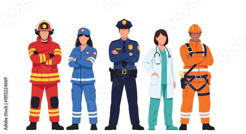 Diverse group of essential workers and first responders in uniform.