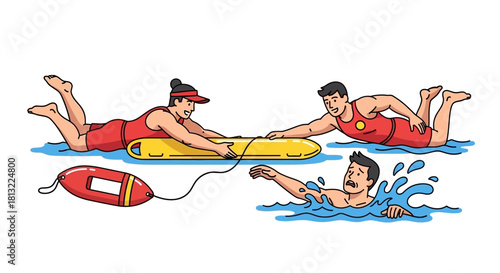 Lifeguards rescue swimmer with flotation device in water during emergency.