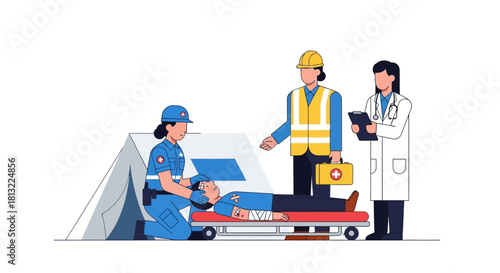 Medical personnel tending to injured person on stretcher in emergency situation.