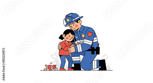 Police officer comforting a scared child with empathy and care.