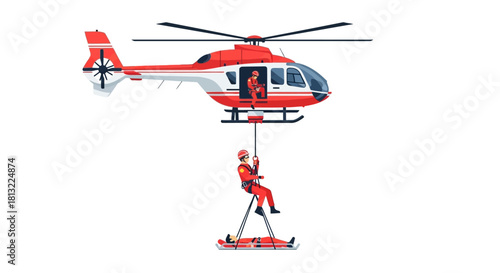Emergency helicopter rescue operation with rescuer lowering a stretcher.