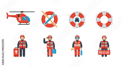 Rescue Team Icons: Helicopter Lifebuoys and Lifeguards.