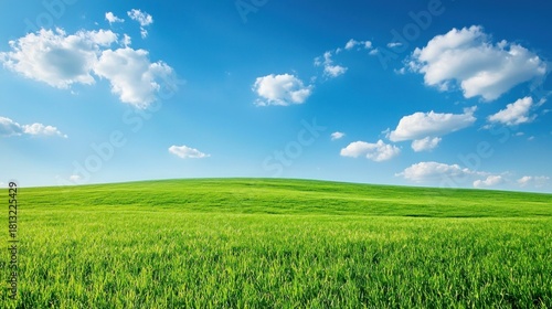 Fototapeta Naklejka Na Ścianę i Meble -  A serene green field with a clear blue sky and fluffy white clouds.