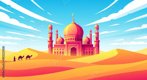 Middle Eastern Mosque on Sand Dunes Under Bright Blue Sky