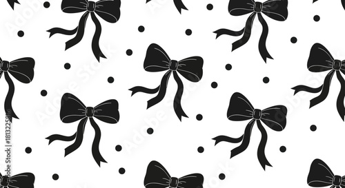 black bow pattern with polka dots on a white background creating an elegant seamless design for wrapping paper fabric or digital content.