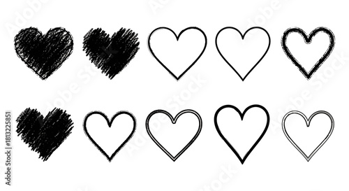 black hearts set hand-drawn scribbled outlined textures on white perfect for love romance and graphic design elements.