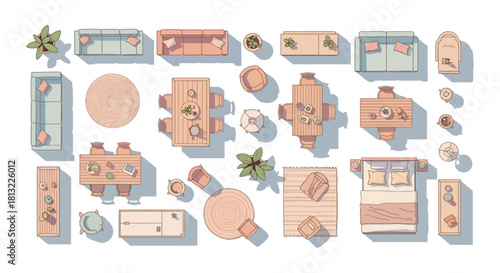top view modern furniture and decor elements for interior design and architectural floor plans illustrating home layout concepts.