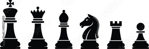 Black chess pieces vector silhouette set featuring king, queen, bishop, knight, rook, and pawn, isolated icons for strategy board games.