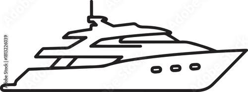 Luxury motor yacht silhouette side view line art icon representing modern nautical travel cruising and affluent water transport