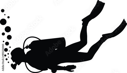Black silhouette vector illustration of a scuba diver exploring deep ocean water, swimming with rising bubbles, isolated graphic.