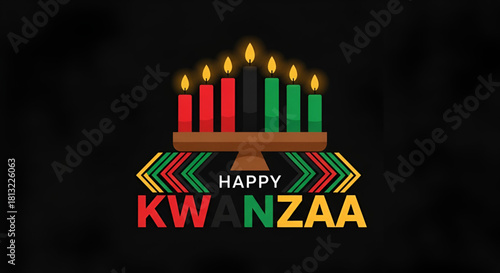 Kwanzaa Happy Celebration Card Design African Heritage Kinara Candles Symbols Flat Illustration Graphic Umoja Principle Black Background Red Green Yellow Decorative Elements Unity Community Values 